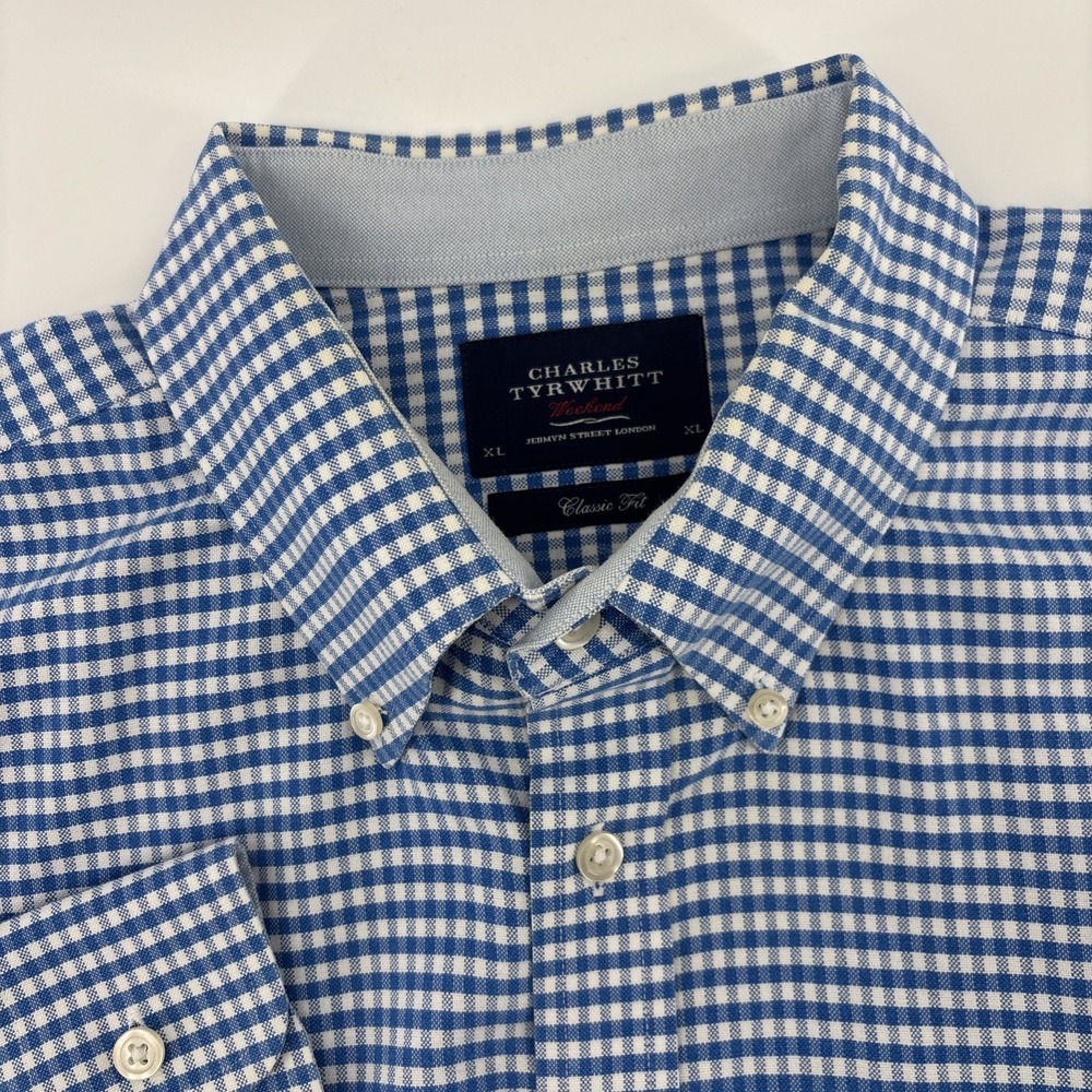 Charles Tyrwhitt Weekend Shirt Men's XL Blue White Check Classic Fit Non Iron - Picture 5 of 10